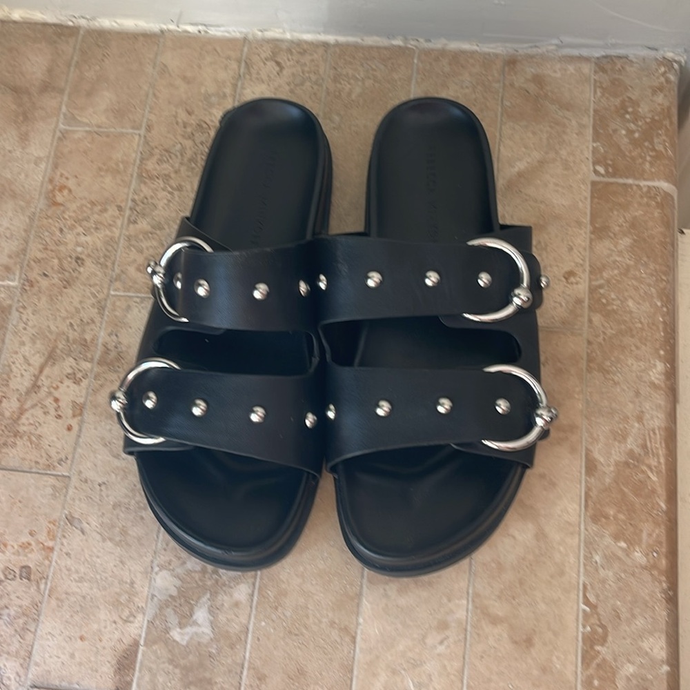 REBECCA MINKOFF Black Double-Strap Studded Sandals | 7